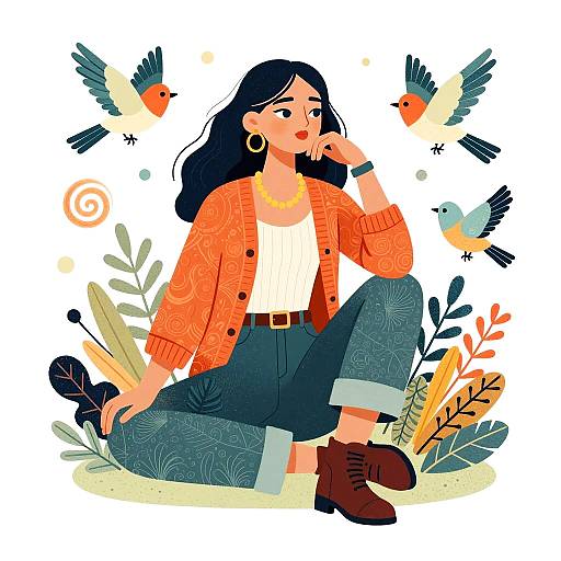 Woman Sitting with Birds and Foliage