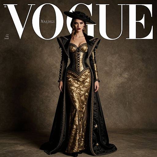 Photograph of a woman in an elaborate black and gold corset gown with dramatic shoulders and a black hat, standing against a textured brown background, with