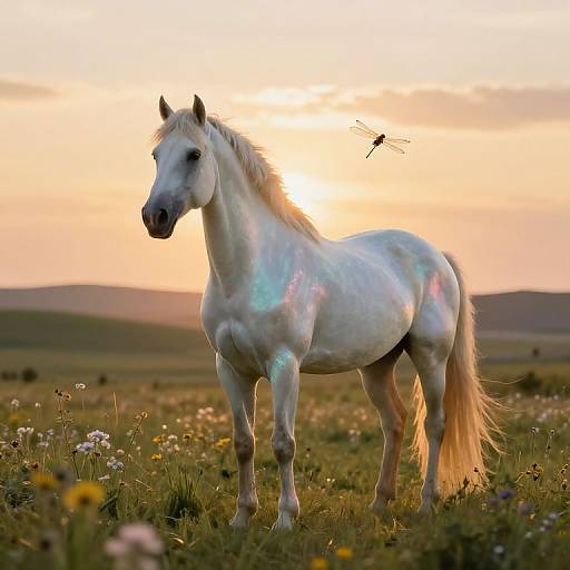Photograph of a white, iridescent horse standing in a sunlit meadow at sunset, with a dragonfly hovering nearby.
