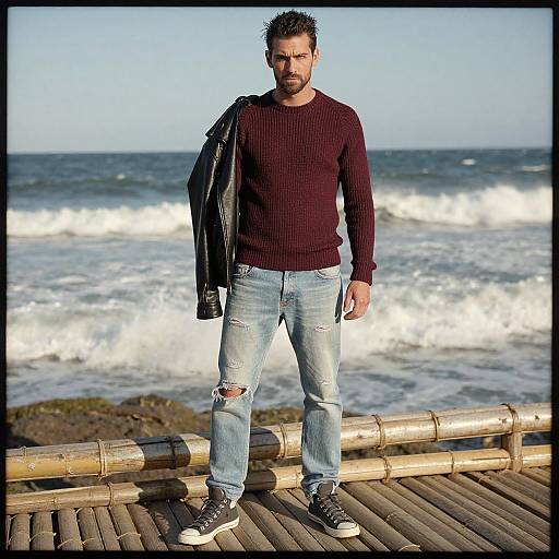 Photograph of a bearded man with short dark hair, wearing a maroon sweater, ripped blue jeans, and black sneakers, standing on a bamboo