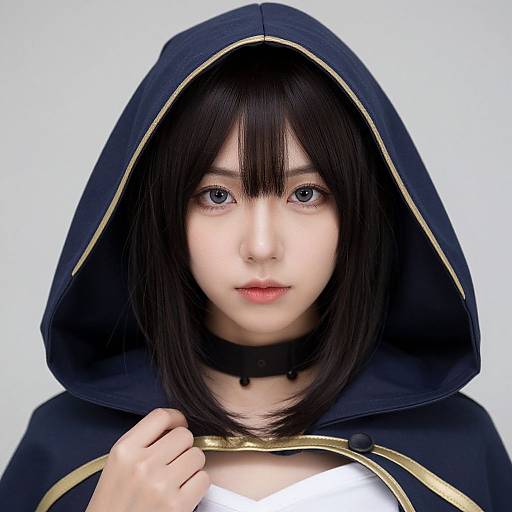 Photograph of an Asian woman with pale skin, black straight hair, blue eyes, wearing a navy hooded cloak with gold trim, black choker