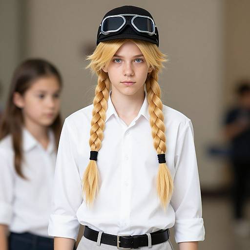 Photograph of a blonde girl with twin braids, wearing a white shirt, black belt, and black cap with goggles, standing in front of a