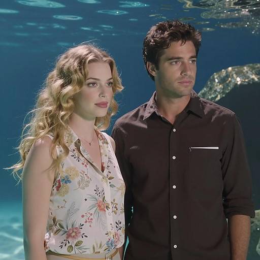 Couple standing underwater with blue background