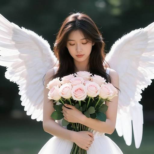 Female Angel Holding Rose Bouquet