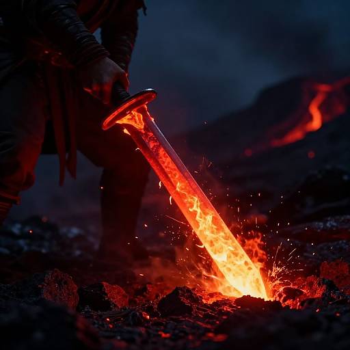Photograph of a glowing, fiery sword plunged into dark, rocky ground, with sparks flying and vibrant red-orange flames illuminating the scene.