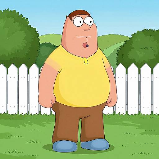 Cartoon of a chubby, bald man with glasses, yellow shirt, brown pants, and blue shoes, standing in a grassy yard with a white