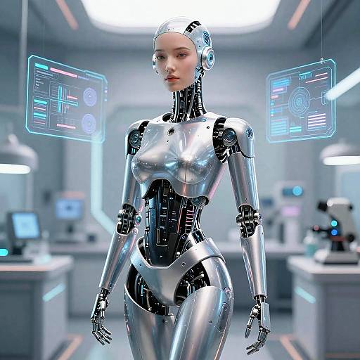 Humanoid Female Robot in Futuristic Lab