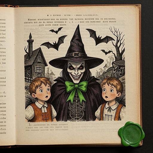Vintage illustration of a sinister witch in a black hat and green bow, flanked by two scared boys, with bats and a spooky house, on an