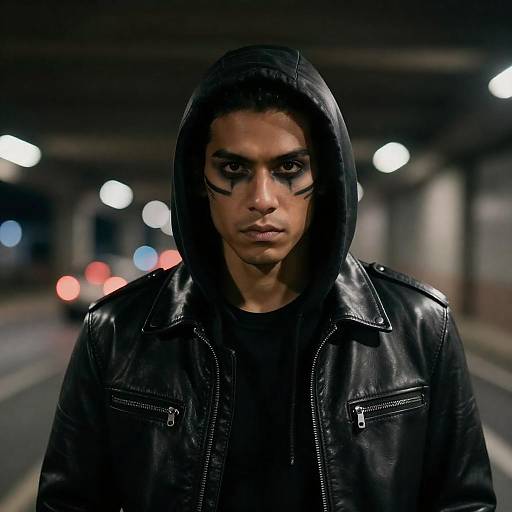 Man with Intense Gaze in Black Leather Hooded Jacket