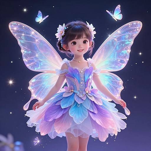 Digital art of a cute, fair-skinned fairy girl with glowing blue and purple wings, wearing a layered blue and white dress, surrounded by luminous