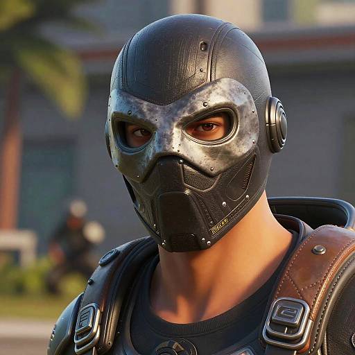 CGI image of a muscular man in a detailed black leather and metal mask, with intense brown eyes, wearing brown armored shoulders, set outdoors with a
