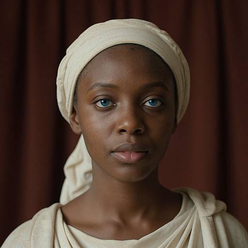 Photograph of a serious, dark-skinned woman with blue eyes, wearing a white headwrap and matching draped garment, against a dark red curtain background