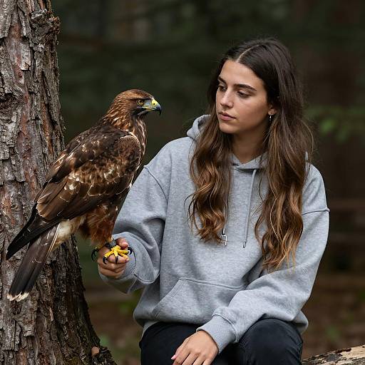 Focused Woman with Hawk in Forest