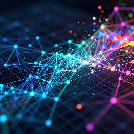 Digital artwork of vibrant, glowing blue, pink, and purple network nodes with interconnected lines against a dark, bokeh background.