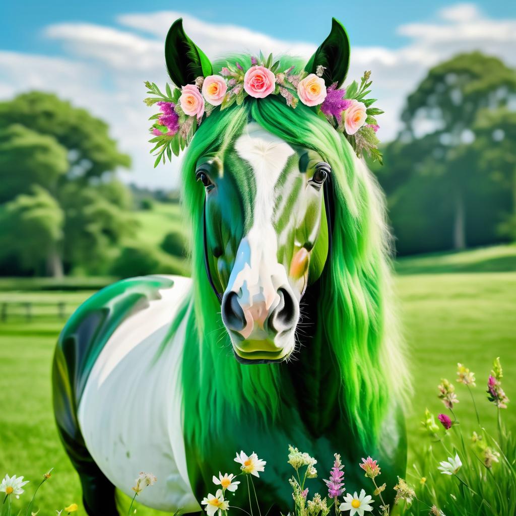 Majestic Horse in Flower Crown on Meadow