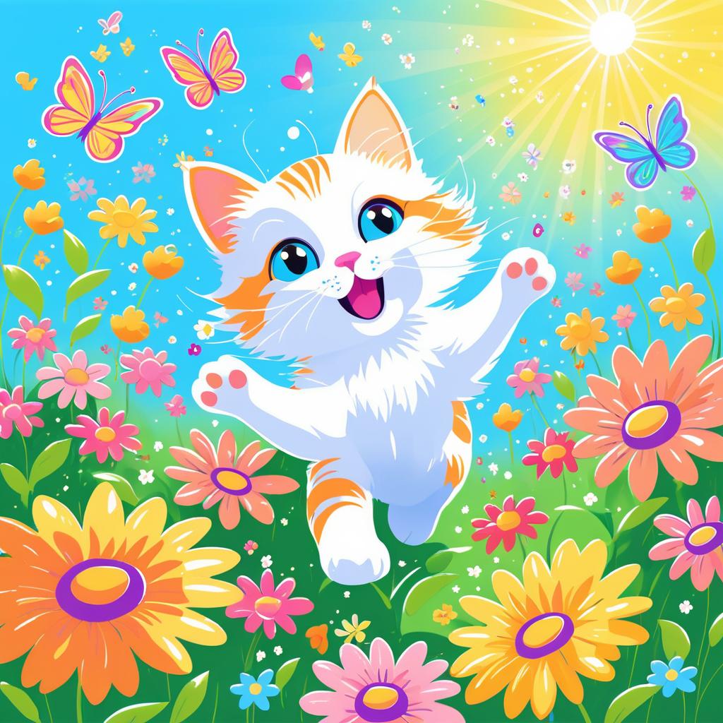 Playful Kitten Chasing Butterflies Illustration