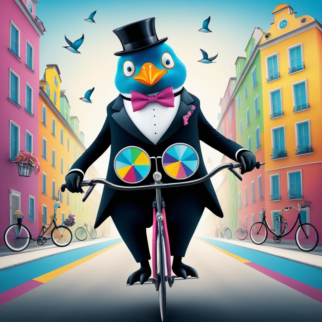 Whimsical Penguin in Tuxedo Cycling