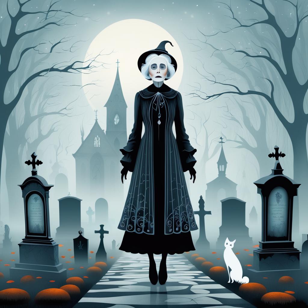 Whimsical Graveyard Scene with Elderly Woman