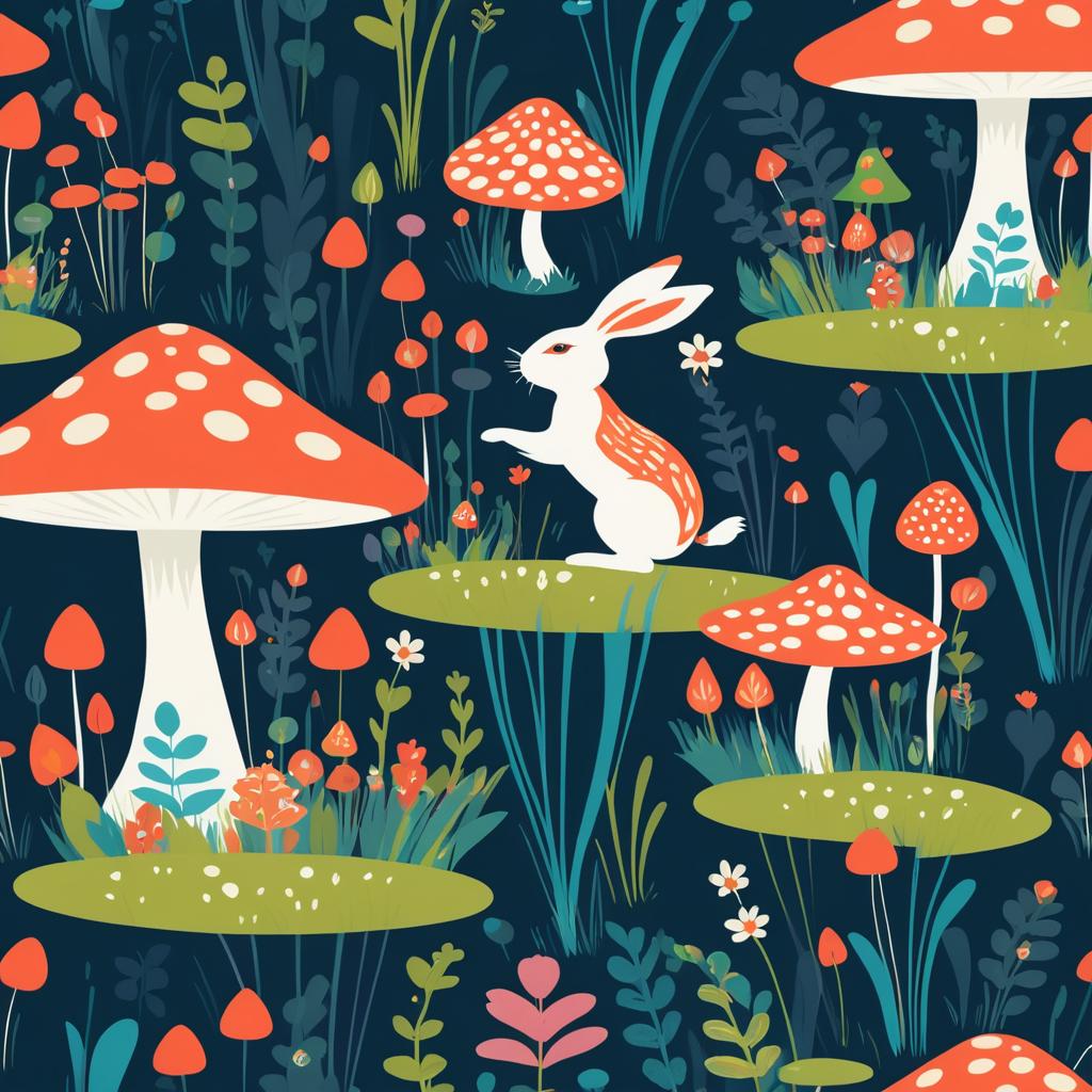 Whimsical Illustration of Rabbit and Mushroom