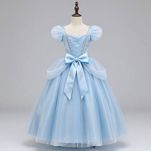 Photograph of a Victorian-style blue satin dress with puffed sleeves, ribboned bodice, large bow at waist, and full skirt, displayed on