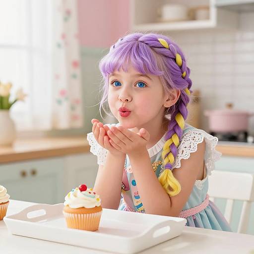 Photograph of a cute, fair-skinned girl with purple braided hair, blue eyes, and a pastel dress, blowing a kiss at cupcakes