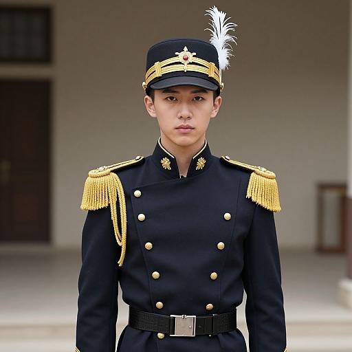Photograph of a young Asian male in a formal black military uniform with gold epaulettes, black cap, white feather, and serious expression,