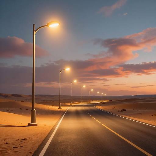 Photograph of a desert road at sunset, lit by evenly spaced streetlights, with a glowing orange sky and scattered clouds.