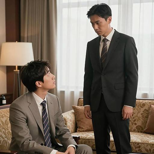 Two men in formal suits having a serious conversation