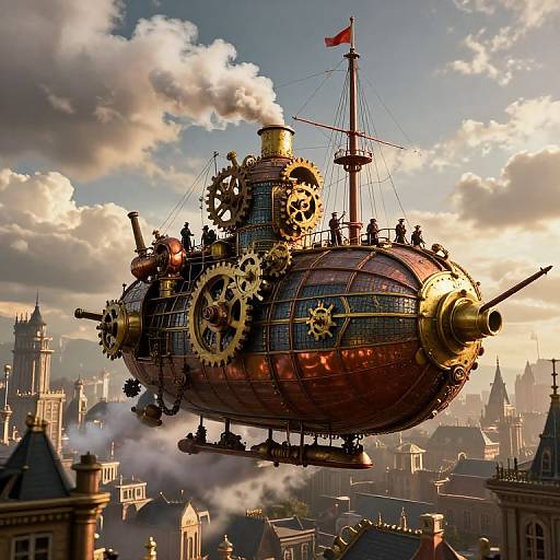 Steampunk airship with large gears, cannon, and smoke flying over a detailed cityscape with gothic architecture at sunset. CGI artwork.