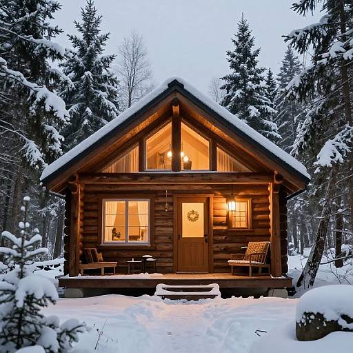 Cozy wooden cabin in snow-covered forest, illuminated by warm yellow lights, with snow-laden trees and wooden chairs on the porch. Photograph.