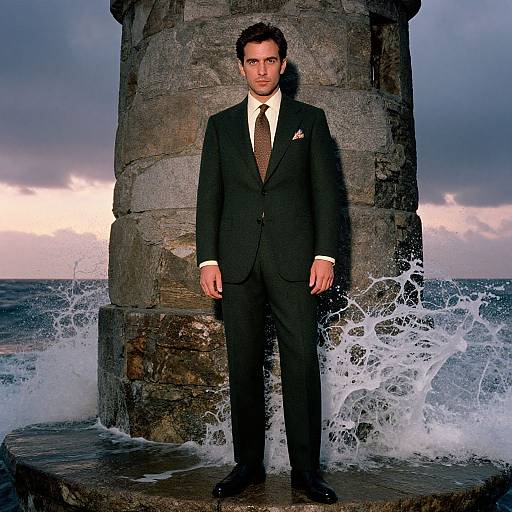 Elegant Man by Rustic Tower at Sunset