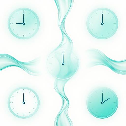 Six digital clock faces with black hands and numbers, arranged in a circle, connected by wavy, translucent blue lines on a white background.