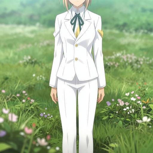 Digital anime-style drawing of a woman in a white military-style uniform standing in a lush, colorful meadow with flowers.