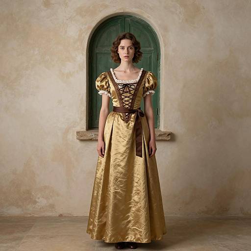 Young Woman in Gold Satin Historical Dress