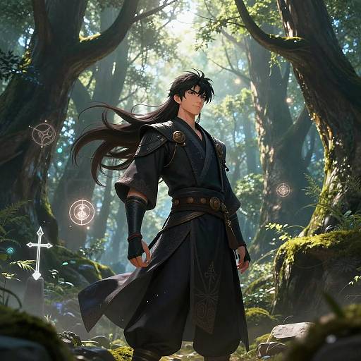 Dark-Haired Anime Warrior in Mystical Forest