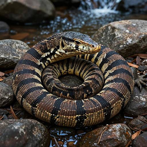 Photograph of a coiled, patterned brown and yellow snake with dark stripes, resting on wet, rocky ground near a small waterfall.