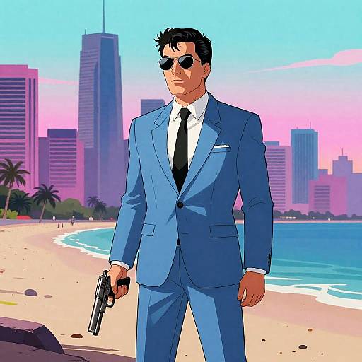 Neon Beach Gunman at Sunset Skyline