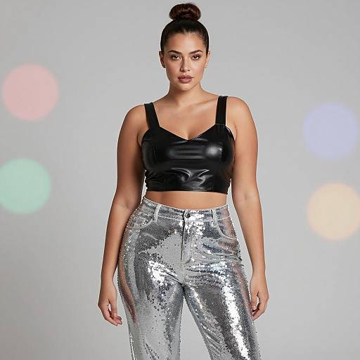 Plus Size Woman in Shiny Crop Top and Sequined Pants