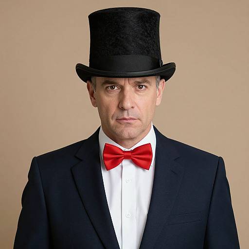 Photograph of a middle-aged man in a black top hat, black tuxedo, white shirt, and bright red bow tie, against a beige