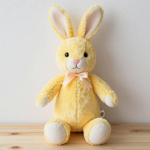 Photograph of a plush, yellow bunny with white ears, paws, and nose, black eyes, pink bow, and wooden floor background.