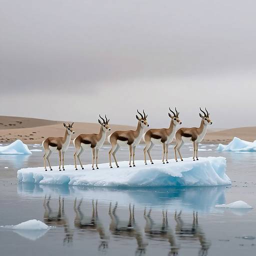 Photograph of five antelopes standing on a large ice floe in a cold, icy landscape with reflection, surrounded by scattered icebergs and
