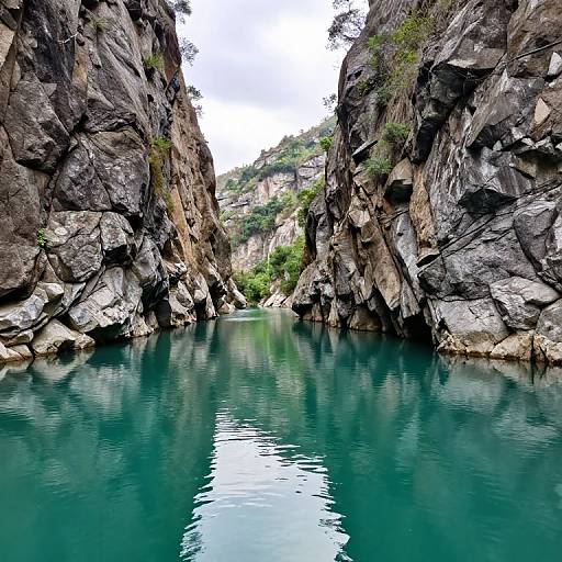 Photograph of a narrow, rocky canyon with tall, dark brown cliffs on both sides, clear turquoise water reflecting the surroundings.