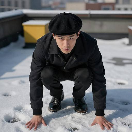 Man in Black Beret Crouching on Snowy Rooftop