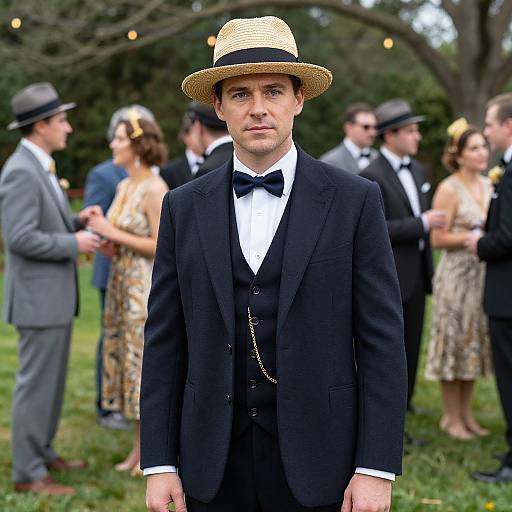 Photograph of a handsome Caucasian man in a black suit, bow tie, and straw hat, standing in front of a group of elegantly dressed guests