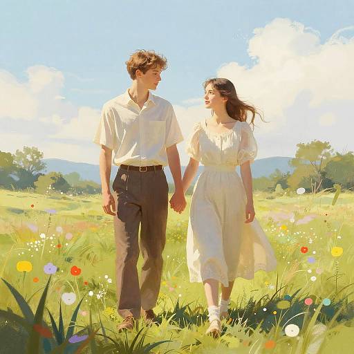 Young Couple Holding Hands in Meadow