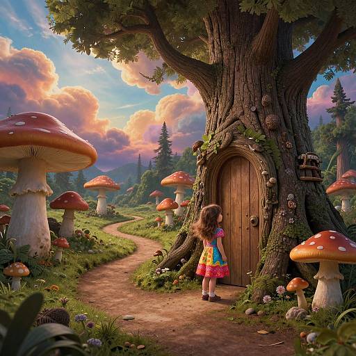 Digital fantasy artwork: Young girl in colorful dress stands before enchanted wooden door in giant tree, surrounded by whimsical mushrooms.