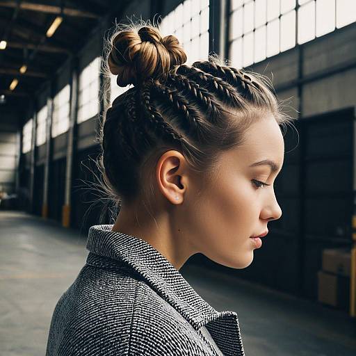 Young Woman with Cornrow Bun Hairstyle in Warehouse