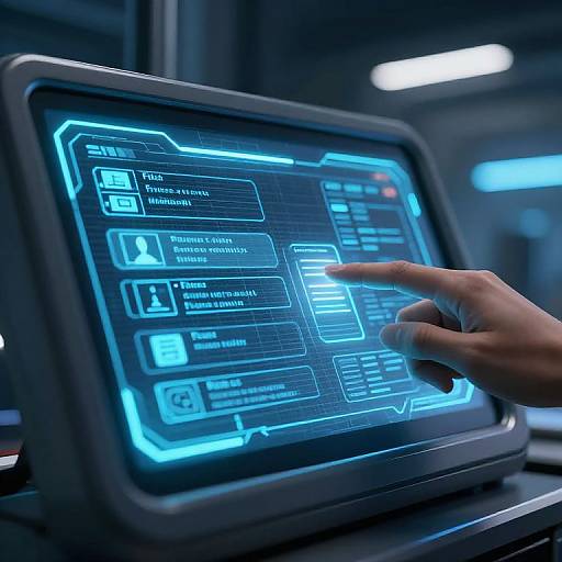 Photograph of a futuristic touchscreen interface with glowing blue icons and text, a hand pointing at it, in a dimly lit, high-tech laboratory setting