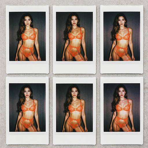 Photograph collage of six images showing a slim, dark-haired woman in an orange lace bra and high-waisted panties, standing against a dark background