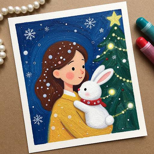 Colorful, hand-drawn Christmas card of a girl with brown hair and a yellow sweater, holding a white rabbit, beside a decorated tree, with